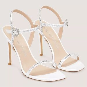 Stuart Weitzman GEMCUT 100 SANDAL in white satin, size 6